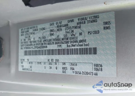 2007 Ford E-350 Super Duty Xl/Xlt from USA, damaged, VIN 1FBSS31L37DA55868